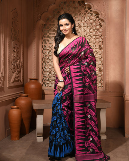 dB DESH BIDESH Women's Traditional Bengal Soft Cotton Silk Jamdani Sarees For Women Tentullata Design Cotton saree for woman Without Blouse piece | Ethnic Wear Sari (Pink Black Blue)