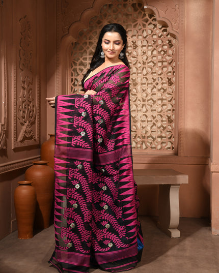 dB DESH BIDESH Women's Traditional Bengal Soft Cotton Silk Jamdani Sarees For Women Tentullata Design Cotton saree for woman Without Blouse piece | Ethnic Wear Sari (Pink Black Blue)