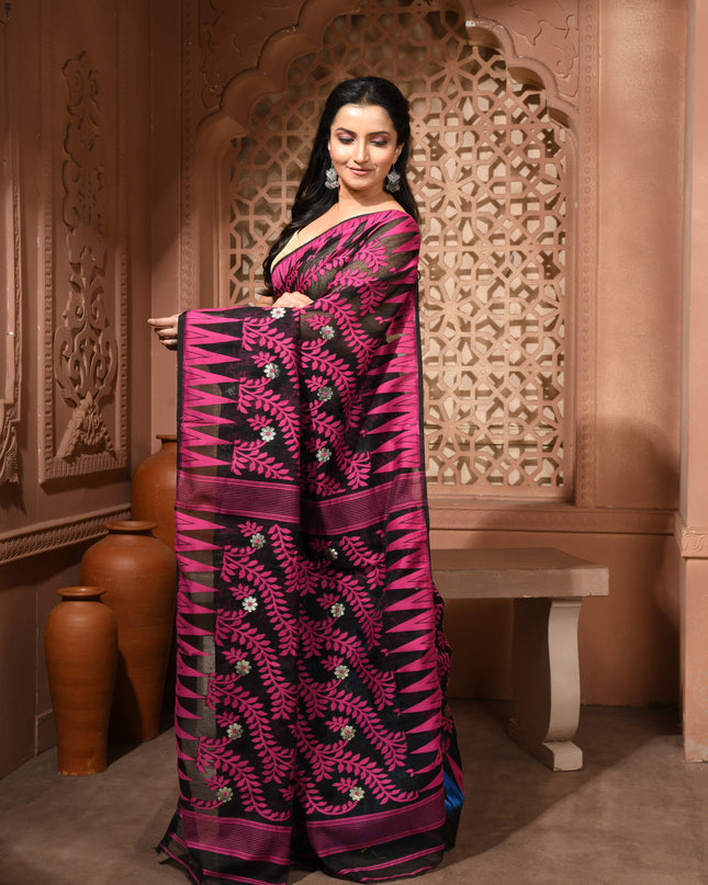 dB DESH BIDESH Women's Traditional Bengal Soft Cotton Silk Jamdani Sarees For Women Tentullata Design Cotton saree for woman Without Blouse piece | Ethnic Wear Sari (Pink Black Blue)