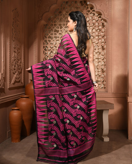 dB DESH BIDESH Women's Traditional Bengal Soft Cotton Silk Jamdani Sarees For Women Tentullata Design Cotton saree for woman Without Blouse piece | Ethnic Wear Sari (Pink Black Blue)