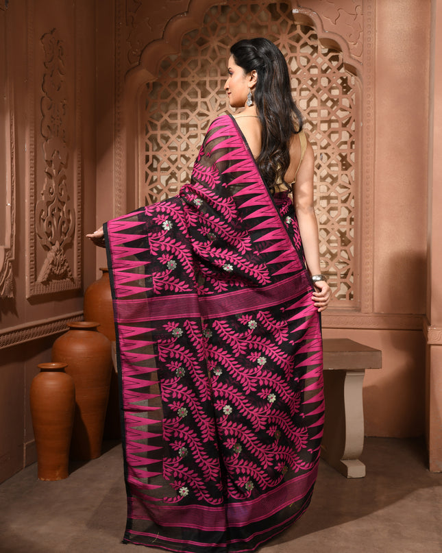 dB DESH BIDESH Women's Traditional Bengal Soft Cotton Silk Jamdani Sarees For Women Tentullata Design Cotton saree for woman Without Blouse piece | Ethnic Wear Sari (Pink Black Blue)