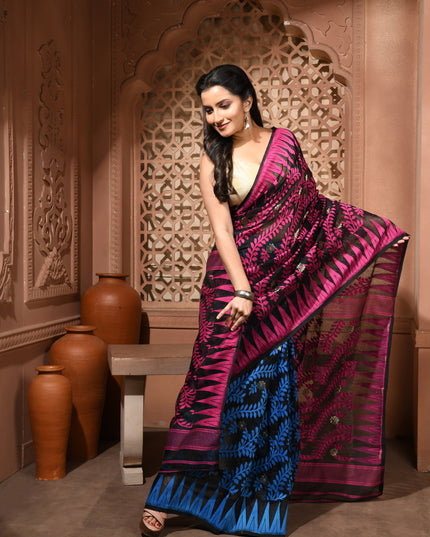 dB DESH BIDESH Women's Traditional Bengal Soft Cotton Silk Jamdani Sarees For Women Tentullata Design Cotton saree for woman Without Blouse piece | Ethnic Wear Sari (Pink Black Blue)
