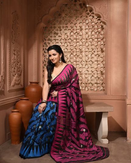 dB DESH BIDESH Women's Traditional Bengal Soft Cotton Silk Jamdani Sarees For Women Tentullata Design Cotton saree for woman Without Blouse piece | Ethnic Wear Sari (Pink Black Blue)