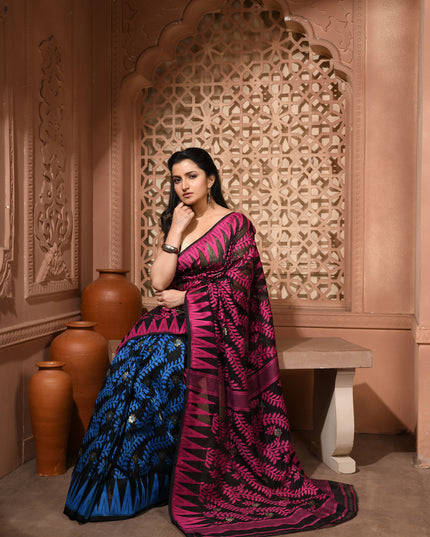dB DESH BIDESH Women's Traditional Bengal Soft Cotton Silk Jamdani Sarees For Women Tentullata Design Cotton saree for woman Without Blouse piece | Ethnic Wear Sari (Pink Black Blue)