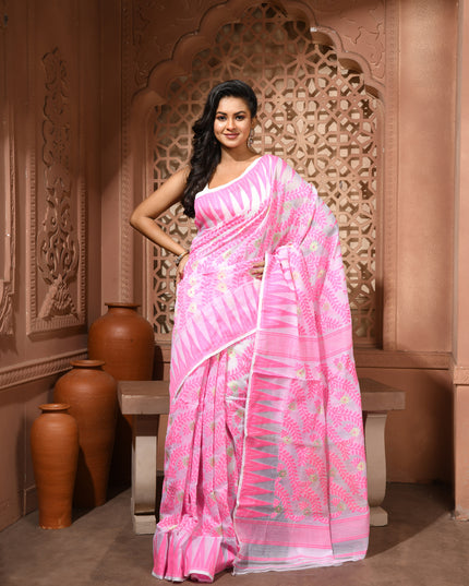 dB DESH BIDESH Women's Traditional Bengal Soft Cotton Silk Jamdani Sarees For Women Tentullata Design Cotton saree for woman Without Blouse piece | Ethnic Wear Sari (Pink White)