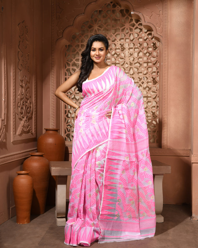 dB DESH BIDESH Women's Traditional Bengal Soft Cotton Silk Jamdani Sarees For Women Tentullata Design Cotton saree for woman Without Blouse piece | Ethnic Wear Sari (Pink White)