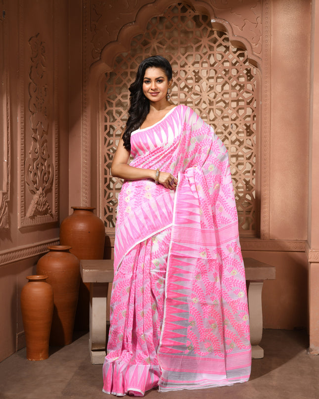 dB DESH BIDESH Women's Traditional Bengal Soft Cotton Silk Jamdani Sarees For Women Tentullata Design Cotton saree for woman Without Blouse piece | Ethnic Wear Sari (Pink White)