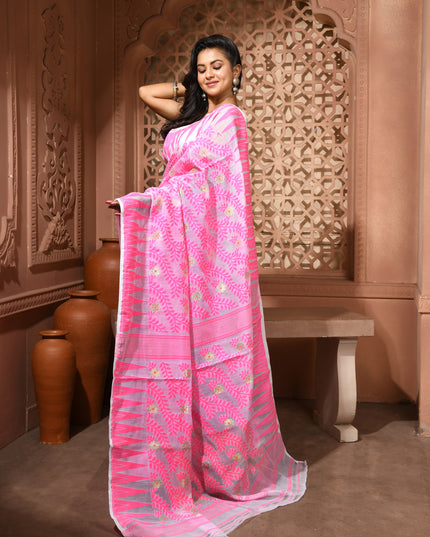 dB DESH BIDESH Women's Traditional Bengal Soft Cotton Silk Jamdani Sarees For Women Tentullata Design Cotton saree for woman Without Blouse piece | Ethnic Wear Sari (Pink White)