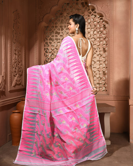 dB DESH BIDESH Women's Traditional Bengal Soft Cotton Silk Jamdani Sarees For Women Tentullata Design Cotton saree for woman Without Blouse piece | Ethnic Wear Sari (Pink White)