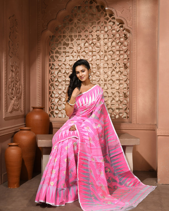 dB DESH BIDESH Women's Traditional Bengal Soft Cotton Silk Jamdani Sarees For Women Tentullata Design Cotton saree for woman Without Blouse piece | Ethnic Wear Sari (Pink White)