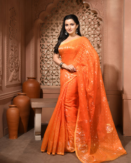 dB DESH BIDESH Women's Soft Cotton Silk Jamdani Sarees For Women for Party Festival Wedding Silk Saree GlamQueen Gold Work Design Without Blouse piece (Orange)