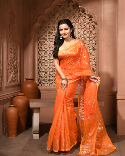 dB DESH BIDESH Women's Soft Cotton Silk Jamdani Sarees For Women for Party Festival Wedding Silk Saree GlamQueen Gold Work Design Without Blouse piece (Orange)