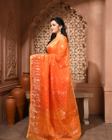 dB DESH BIDESH Women's Soft Cotton Silk Jamdani Sarees For Women for Party Festival Wedding Silk Saree GlamQueen Gold Work Design Without Blouse piece (Orange)