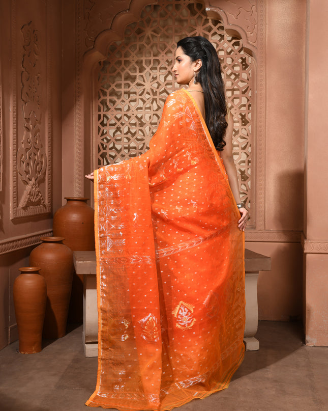 dB DESH BIDESH Women's Soft Cotton Silk Jamdani Sarees For Women for Party Festival Wedding Silk Saree GlamQueen Gold Work Design Without Blouse piece (Orange)