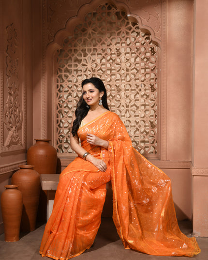 dB DESH BIDESH Women's Soft Cotton Silk Jamdani Sarees For Women for Party Festival Wedding Silk Saree GlamQueen Gold Work Design Without Blouse piece (Orange)