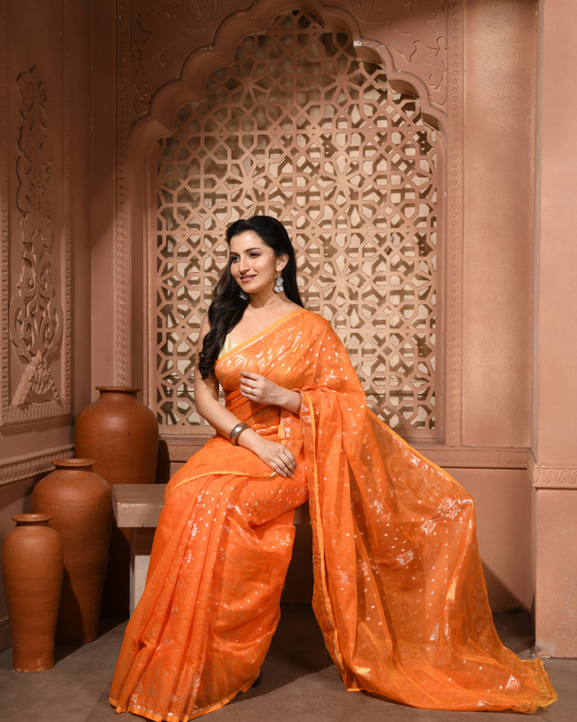 dB DESH BIDESH Women's Soft Cotton Silk Jamdani Sarees For Women for Party Festival Wedding Silk Saree GlamQueen Gold Work Design Without Blouse piece (Orange)
