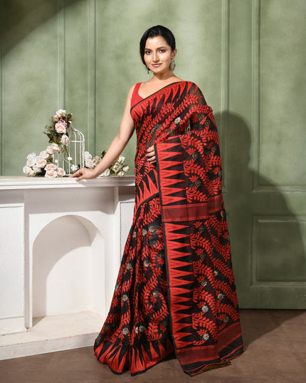 dB DESH BIDESH Women's Traditional Bengal Soft Cotton Silk Jamdani Sarees For Women Tentullata Design Cotton saree for woman Without Blouse piece | Ethnic Wear Sari (Red Black)