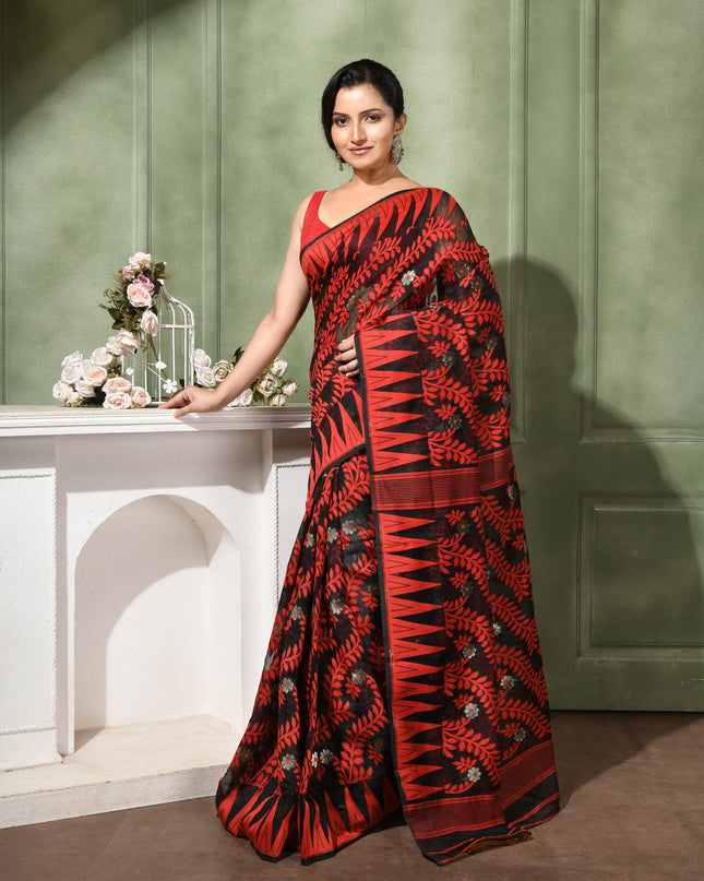 dB DESH BIDESH Women's Traditional Bengal Soft Cotton Silk Jamdani Sarees For Women Tentullata Design Cotton saree for woman Without Blouse piece | Ethnic Wear Sari (Red Black)