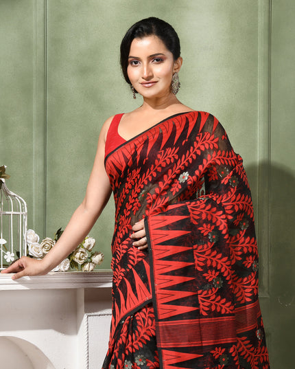 dB DESH BIDESH Women's Traditional Bengal Soft Cotton Silk Jamdani Sarees For Women Tentullata Design Cotton saree for woman Without Blouse piece | Ethnic Wear Sari (Red Black)