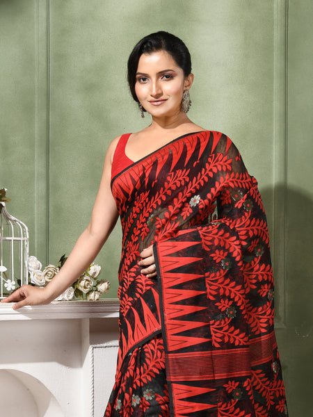 dB DESH BIDESH Women's Traditional Bengal Soft Cotton Silk Jamdani Sarees For Women Tentullata Design Cotton saree for woman Without Blouse piece | Ethnic Wear Sari (Red Black)