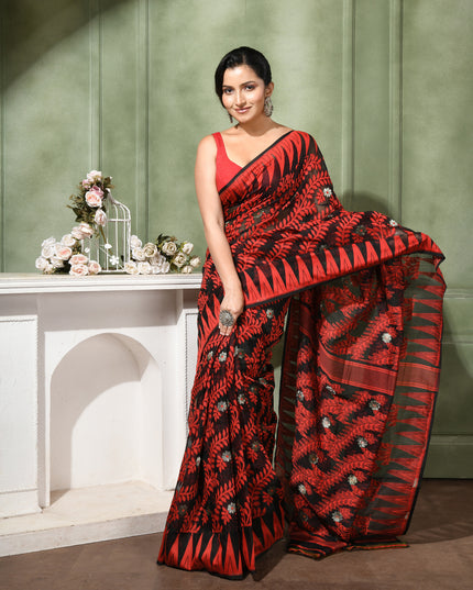 dB DESH BIDESH Women's Traditional Bengal Soft Cotton Silk Jamdani Sarees For Women Tentullata Design Cotton saree for woman Without Blouse piece | Ethnic Wear Sari (Red Black)