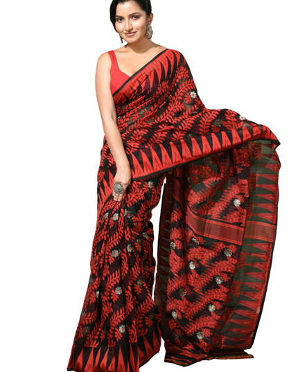 dB DESH BIDESH Women's Traditional Bengal Soft Cotton Silk Jamdani Sarees For Women Tentullata Design Cotton saree for woman Without Blouse piece | Ethnic Wear Sari (Red Black)