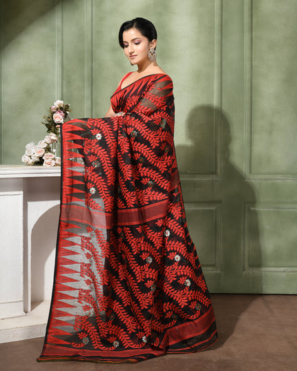 dB DESH BIDESH Women's Traditional Bengal Soft Cotton Silk Jamdani Sarees For Women Tentullata Design Cotton saree for woman Without Blouse piece | Ethnic Wear Sari (Red Black)