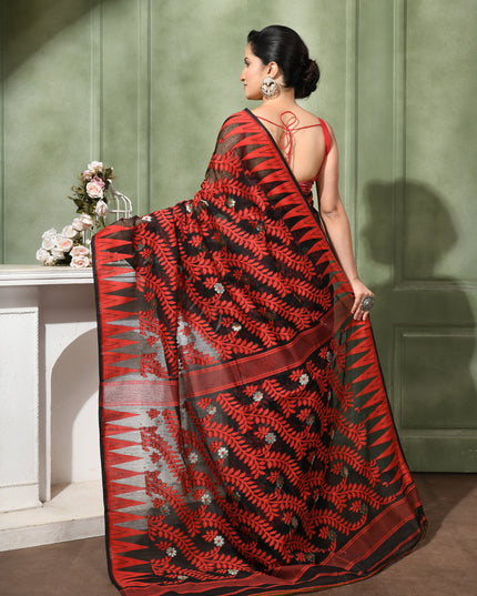 dB DESH BIDESH Women's Traditional Bengal Soft Cotton Silk Jamdani Sarees For Women Tentullata Design Cotton saree for woman Without Blouse piece | Ethnic Wear Sari (Red Black)
