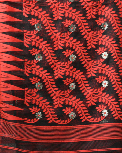 dB DESH BIDESH Women's Traditional Bengal Soft Cotton Silk Jamdani Sarees For Women Tentullata Design Cotton saree for woman Without Blouse piece | Ethnic Wear Sari (Red Black)