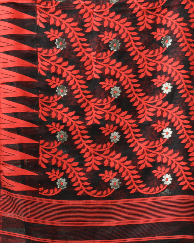 dB DESH BIDESH Women's Traditional Bengal Soft Cotton Silk Jamdani Sarees For Women Tentullata Design Cotton saree for woman Without Blouse piece | Ethnic Wear Sari (Red Black)