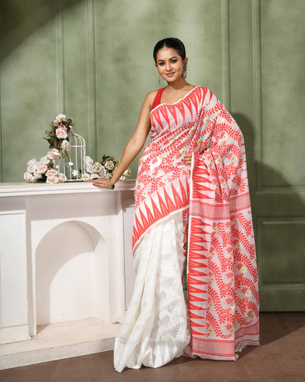 dB DESH BIDESH Women's Traditional Bengal Soft Cotton Silk Jamdani Sarees For Women Tentullata Design Cotton saree for woman Without Blouse piece | Ethnic Wear Sari (Red White Half Half)