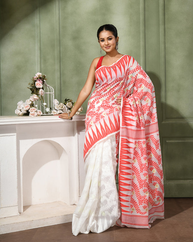 dB DESH BIDESH Women's Traditional Bengal Soft Cotton Silk Jamdani Sarees For Women Tentullata Design Cotton saree for woman Without Blouse piece | Ethnic Wear Sari (Red White Half Half)
