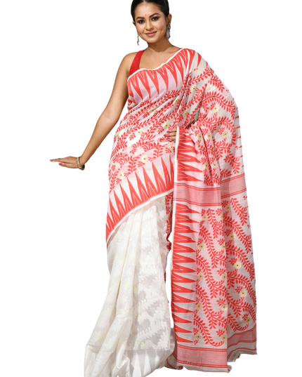 dB DESH BIDESH Women's Traditional Bengal Soft Cotton Silk Jamdani Sarees For Women Tentullata Design Cotton saree for woman Without Blouse piece | Ethnic Wear Sari (Red White Half Half)