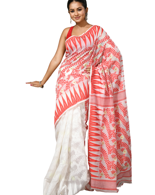 dB DESH BIDESH Women's Traditional Bengal Soft Cotton Silk Jamdani Sarees For Women Tentullata Design Cotton saree for woman Without Blouse piece | Ethnic Wear Sari (Red White Half Half)