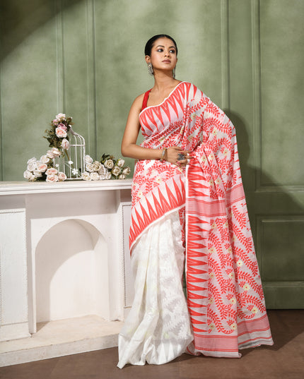 dB DESH BIDESH Women's Traditional Bengal Soft Cotton Silk Jamdani Sarees For Women Tentullata Design Cotton saree for woman Without Blouse piece | Ethnic Wear Sari (Red White Half Half)