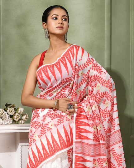 dB DESH BIDESH Women's Traditional Bengal Soft Cotton Silk Jamdani Sarees For Women Tentullata Design Cotton saree for woman Without Blouse piece | Ethnic Wear Sari (Red White Half Half)