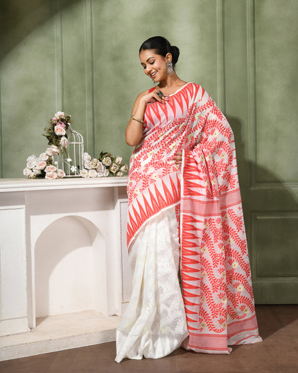 dB DESH BIDESH Women's Traditional Bengal Soft Cotton Silk Jamdani Sarees For Women Tentullata Design Cotton saree for woman Without Blouse piece | Ethnic Wear Sari (Red White Half Half)