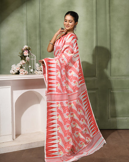 dB DESH BIDESH Women's Traditional Bengal Soft Cotton Silk Jamdani Sarees For Women Tentullata Design Cotton saree for woman Without Blouse piece | Ethnic Wear Sari (Red White Half Half)