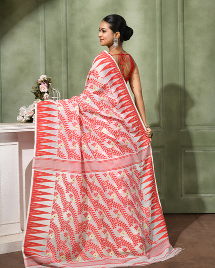 dB DESH BIDESH Women's Traditional Bengal Soft Cotton Silk Jamdani Sarees For Women Tentullata Design Cotton saree for woman Without Blouse piece | Ethnic Wear Sari (Red White Half Half)