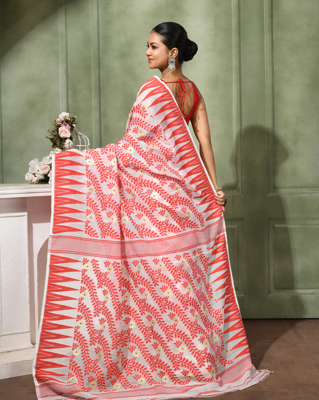 dB DESH BIDESH Women's Traditional Bengal Soft Cotton Silk Jamdani Sarees For Women Tentullata Design Cotton saree for woman Without Blouse piece | Ethnic Wear Sari (Red White Half Half)