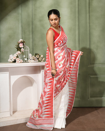 dB DESH BIDESH Women's Traditional Bengal Soft Cotton Silk Jamdani Sarees For Women Tentullata Design Cotton saree for woman Without Blouse piece | Ethnic Wear Sari (Red White Half Half)