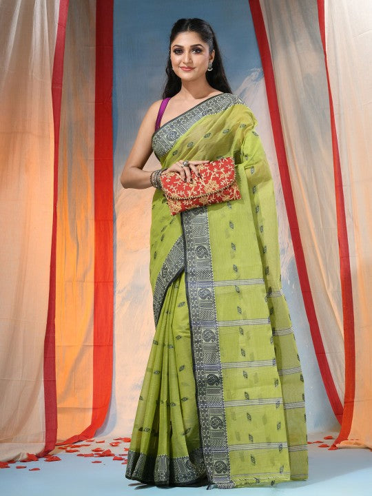 DESH BIDESH Women's Green Floral Pure Cotton Handloom Saree with Woven Design