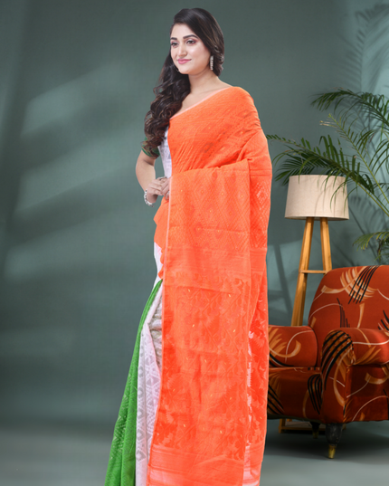 Women's Tri Color Pure Cotton Handloom Jamdani Saree (Orange White Green)