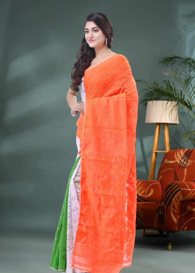 Women's Tri Color Pure Cotton Handloom Jamdani Saree (Orange White Green)