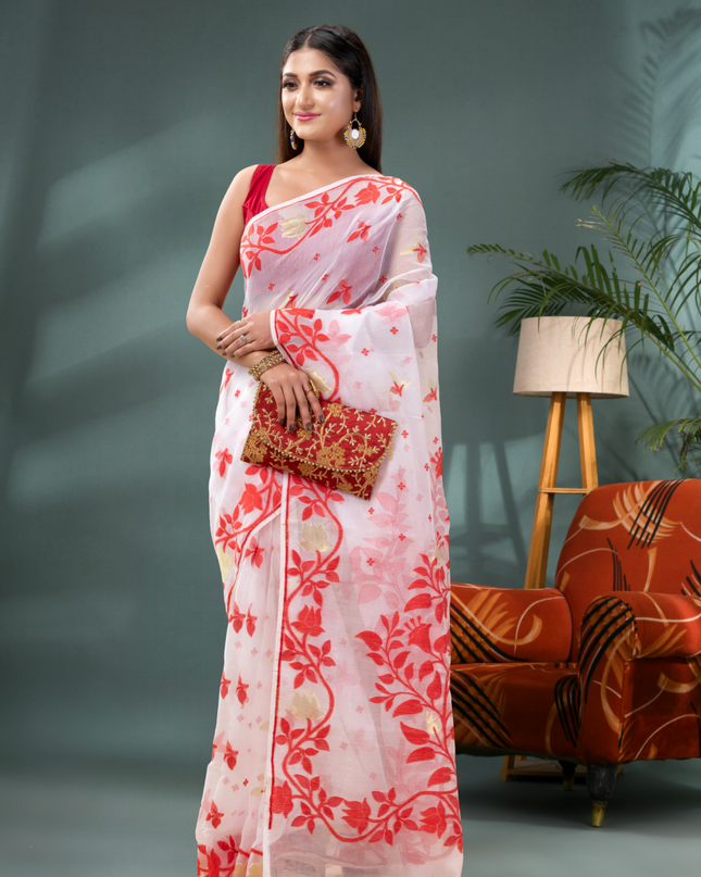 Women’s Kaveri Flower Design Dhakai Jamdani Bengal Pure Cotton Handloom Saree – Without Blouse Piece