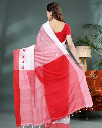 Red & White Pom Pom Design Bengali Tant Pure Cotton Saree for Women