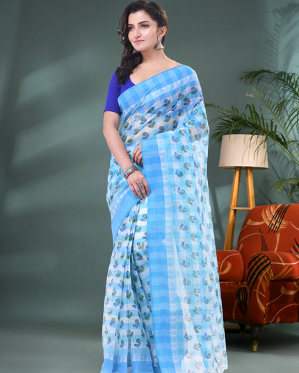 Women’s Bengal Tant Banphul Print Pure Handloom Cotton Saree – Without Blouse Piece