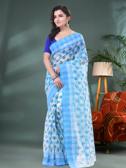 Women’s Bengal Tant Banphul Print Pure Handloom Cotton Saree – Without Blouse Piece