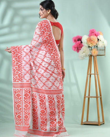 DESH BIDESH Red & White Jamdani Saree with Woven Design Motifs