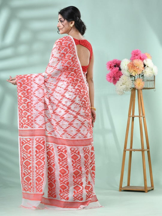 DESH BIDESH Red & White Jamdani Saree with Woven Design Motifs